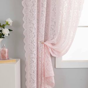 ALIGOGO Set van 2 roze gordijnen voor meisjeskamer, kinderkamer, 160 cm lang, elegante gordijnen van transparant bloemenkant met stangdoorvoer, voor woonkamer, badkamer, decoratie