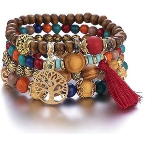 Cubahop Meerlaagse pompon houten parel stapelbare kleurrijke armband fantasiearmbanden levensboom kleurrijke elastische accessoires voor vrouwen en meisjes