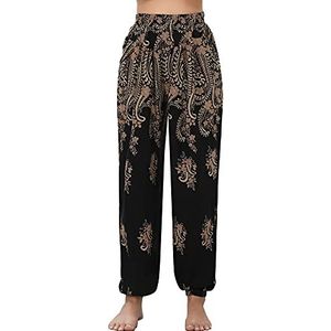 Irevial Harembroek voor dames, hippie, katoen, strandbroek, yoga, pilates, broek, zomer, boho, vrije tijd, pompbroek, pauwenprint, mahonie zwart