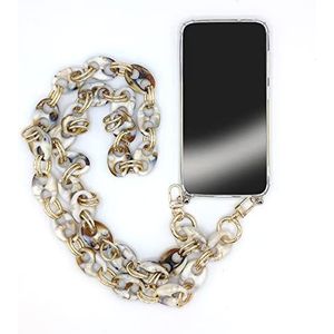 Beschermhoesje voor iPhone 12 Mini, transparant, met Lanyard/omhangkoord / telefoonkoord van marmer, wit/bruin