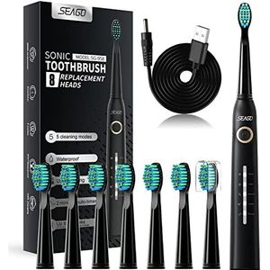 Seago Oplaadbare elektrische tandenborstel met 8 Duponts-borstelkoppen, elektrische tandenborstel 4000 Vpm met intelligente timer van 2 minuten, 5 modi met tandenbleekmiddel, cadeau voor het gezin,