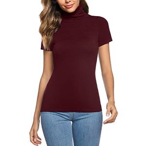 Irevial T-shirt met korte mouwen, voor dames, winter, opstaande kraag, T-shirt, casual, chique, bovenstuk, ronde hals, Rode wijn