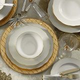 Ensemble de dîner élégant de 24 pièces, 100% porcelaine, blanc et doré, avec assiettes, bols, assiettes à dessert, parfait pour les occasions spéciales et les dîners