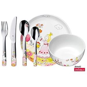 WMF 1294159964 Kids Bestekset Prinses Anneli 6-delig, 1 kindervork, -lepel en -mes, 1 kleine lepel, 1 kom, 1 bord, Cromargan® 18/10 RVS, Veilig, Ergonomisch, Vaatwasmachinebestendig, Vanaf 3 jaar