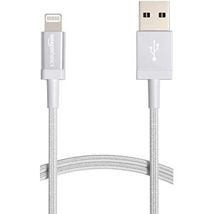 Amazon Basics USB-A naar Lightning-kabel van gevlochten nylon, geschikt voor iPhone, 0,9 m, zilverkleurig