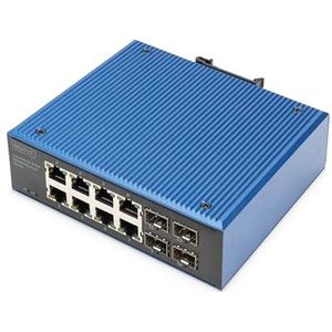 DIGITUS switch réseau industriel 12 ports Gigabit Ethernet PoE - 8x RJ45 + 4x SFP-Uplink - indice de protection IP40 - montage sur rail DIN - 10/100/1000 Mbps - Plug & Play