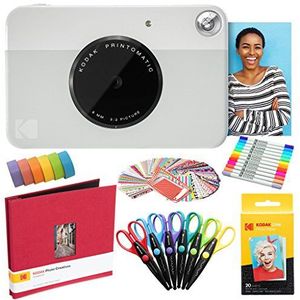 KODAK Printomatic Instant Camera (grijs) kunstpakket + zinkpapier (20 vellen) + stoffen verzamelalbum 8 x 8 + 12 dubbele puntmarkers + 100 stickers + 6 schaar + washi tape