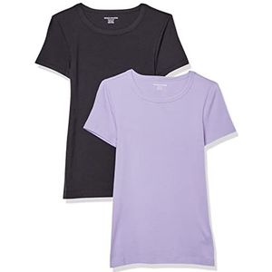 Amazon Essentials Dames-T-shirt met korte mouwen en ronde hals, slim fit, zwart/lavendel, maat XS