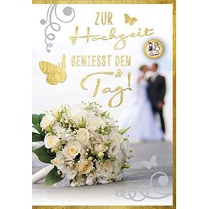 Gouden set trouwkaart huwelijkskaart voor bruiloft geniesst den Tag!, bruidsboeket wit