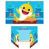 Amscan 9908481 - Baby Shark uitnodigingen met enveloppen, 8 stuks, vouwkaarten met grappig en kleurrijk haaienmotief met bijpassende enveloppen, kinderverjaardag