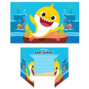 Amscan 9908481 - Baby Shark uitnodigingen met enveloppen, 8 stuks, vouwkaarten met grappig en kleurrijk haaienmotief met bijpassende enveloppen, kinderverjaardag
