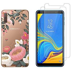 NOVAGO Compatibel met Samsung Galaxy A7 2018 A750 (3-in-1), zacht, transparant, schokbestendig, 2 displaybeschermfolies van gehard glas, schokbestendig, schokbestendig, 2 displaybeschermfolies van gehard glas, anti-schermbescherming (grote bloem)