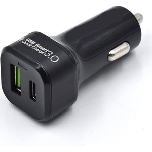 Autolader met Quick Charge 3.0-technologie, een USB A-poort en een krachtige USB C-poort, 30 W, autolader voor smartphone/iPad/MacBook/tablet/computer