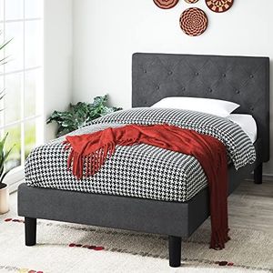 Zinus Shalini Bed 80 x 190 cm - bedstructuur 35 cm hoog - gestoffeerd platformbedframe met houten lattenbodem - donkergrijs