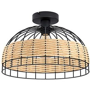 EGLO Anwick Plafondlamp, 1 lichtpunt, vintage- en bohostijl, woonkamerlamp van staal en rotan, in zwart, naturel, keukenlamp, hallamp voor aan het plafond, met E27-fitting