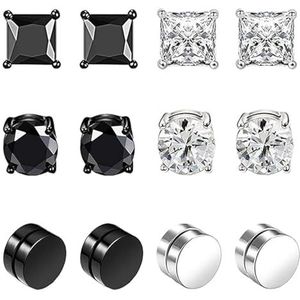 LOCCY 6 paar nep-oorbellen voor heren, magnetische oorbellen voor heren, roestvrij staal, magnetische gesp, ongeboorde oorbellen, clip zonder piercing voor heren, 6/8 mm, Roestvrij staal