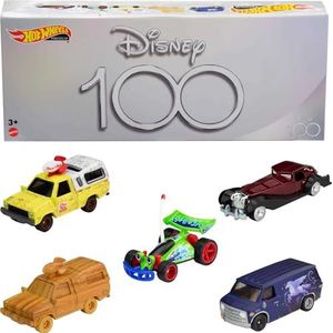Hot Wheels Kistje van 5 auto's, 100 jaar, Disney, metaal, uit het Disney- en Pixar-universum, herdenkingsdoos, om te verzamelen, speelgoed voor kinderen, vanaf 4 jaar, HKF06