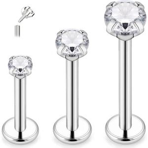 ESHIONER G23 Titanium tragus-piercing, helix, labret, neus, lip, kraakbeen, hypoallergene oorbellen in zilver en goud, met zirkoniabal met schroefdraad aan de binnenkant, 16 stuks, Titanium, Geen