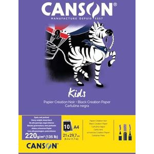 CANSON kinderen, tekenpapier, zwart, dubbelzijdig: Gegraineerd en glad, 220 g/m², 135 lb plakblok, kleine kant, A4 - 21 x 29,7 cm, zwart, 10 vellen