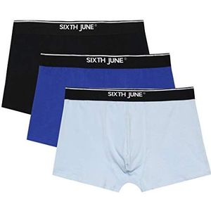 SIXTH JUNE - Set van 3 boxershorts voor heren - elastische band - nauwsluitende pasvorm - 95% katoen, 5% elastaan, zwart/blauw/lichtblauw