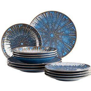 MÄSER Aquamarine 935074 Set van 12 geëmailleerde borden voor 4 personen met dinerborden, soepborden en dessertborden van hoogwaardig keramiek, blauw