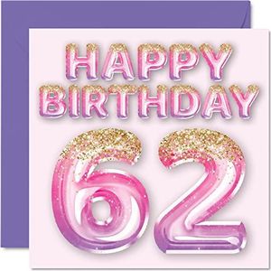 Verjaardagskaart voor vrouwen, verjaardagskaart, glitterballonnen, roze, paars, glitter, verjaardagskaart voor vrouwen, 62 jaar, 145 mm x 145 mm