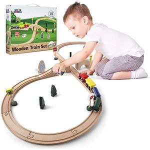 Play Build Houten treinset voor kinderen, complete treinset voor peuters, 35-delige interactieve speel- en leerset, creatief ontwerp voor houten treinbaan (35 stuks)