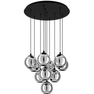 EGLO Ariscani Hanglamp, plafondlamp, hanglamp, 10 vlammen, cluster hangers, kroonluchter, eetkamer, zwart, metaal, rookglas, transparant, E27 fitting, Ø 65,5 cm