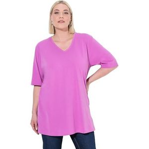 Ulla Popken T-shirt grande taille pour femme, grande taille, col en V, décontracté, manches mi-longues, Rose froid, 50-52 grande taille