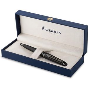 Waterman Expert Balpen, metallic zwarte lak met ruthenium-afwerking, medium punt, blauwe inkt, geschenkdoos