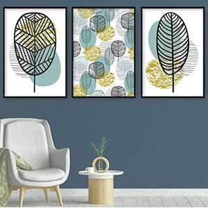 Artze Wall Art Botanische kunstdrukken met geometrische lijnen, 30 x 40 cm, blauw/geel/grijs, 3 stuks