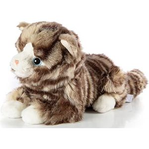 Uni-Toys - Huisdierkat, grijs, getijgerd, liggend – 25 cm (lengte) – kat van pluche – pluche, pluche