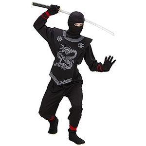 Widmann - Black Ninja kinderkostuum, top met linten, broek met linten, borstbeschermer, masker, carnaval, themafeest