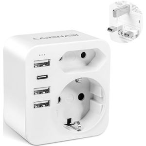 Carehabi Engelse stekkeradapter, Engelse stekker Franse adapter met 3 USB-A en 1 USB-C, adapter type G, UK-adapter, Ierse stekker, type G-stekker voor Engeland, Malta, Maleisië