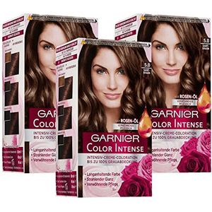 Garnier Permanente haarkleuring met rijke crèmeverzorgingskuur, intens kleurresultaat met 100% grijze dekking, intense kleur 5.0 fluweelbruin, 3 x 1 stuk