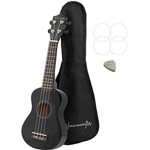 World Rhythm WR-305 sopraan-ukelele – sopraan-ukelele voor beginners in zwarte uitvoering met draagtas, reservesnaren en viltplectrum – uitgerust met aquila-snaren