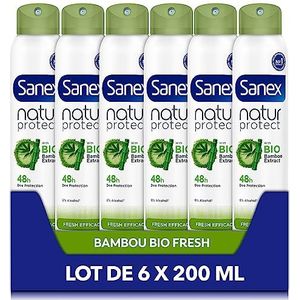 SANEX - Deodorant Spray Natur Protect Fresh Effectief - Deodorant voor dames en heren - Biologisch bamboe-extract en natuurlijk bamboepoeder - geurbescherming 48 uur - veganistisch - 6 x 200 ml