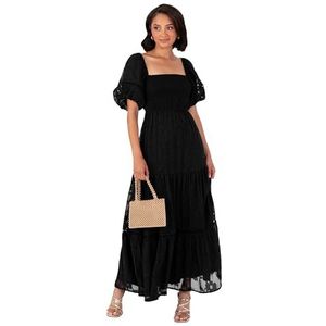 Lovedrobe Dames Maxi Dress Square Nekline Puff Sleeve Tiered Hem Bloemen Chiffon Shirred A-Line Tie Back Milkmaid, Zwart 46, Zwart, 46, zwart.