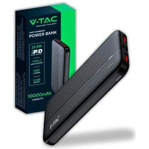 V-TAC Powerbank, 10.000 mAh, met snel opladen, PD 22,5 W, powerbank, externe accu, dun, met USB type-C-aansluiting en 2 USB-A-poorten, compatibel met iPhone, iPad, Samsung, iPad, Xiaomi, zwart