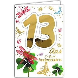 Afie 69-2113 Kaart Gelukkige Verjaardag 13 jaar in Goud Glanzend Goud Tiener Jongen Meisje Klavertje Vier Bladeren Geluksbeestjes