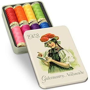 Gutermann Creativ Naaigaren, cadeauset van nostalgisch tin, 100 m, 8 spoelen, 100% polyester, hand- en machinaal naaien, heldere kleuren