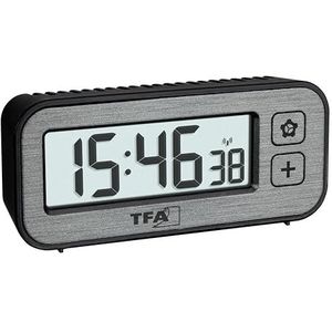 TFA Dostmann 60.2522.10 Digitale draadloze wekker met temperatuur- en vochtigheidsschakelaar met maximale en minimale waarden, met alarm en radioklok, reiswekker, klein,