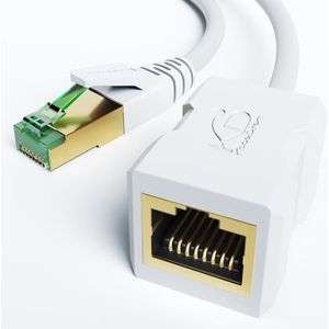 KabelDirekt Ethernet-verlengkabel met breukvast vlechtwerk - 1 m (CAT7 mannelijk naar bus ethernetkabel, breidt netwerkkabels uit, 10 Gbit/s, SF/FTP-afscherming, wit)