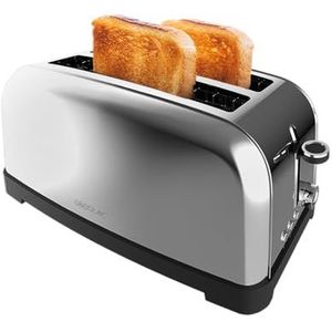 Cecotec Toastin' time 1500 Roestvrijstaal Verticale Broodrooster met 2 lange sleuven Lite. 1500 W, 4 sneetjes brood, 3,8 cm brede sleuf, muffinhouder en kruimelbak, roestvrij staal