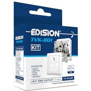 EDISION TVK-801 satelliet antennecontactdoos set: inbouw/opbouw TV-R-SAT eindcontactdoos 3-gaats met deksel en opbouwframe, DVB-S2, Unicable, DVB-T/T2, DVB-C, radio, FM, DAB+, DC