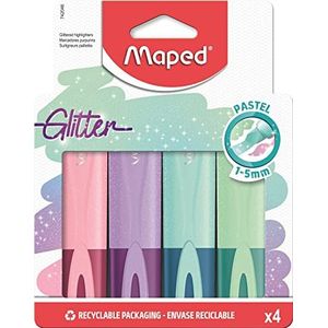 Maped Fluo'Peps Classic Glitter markeerstiften met glitter, 4 kleuren, blauw, groen, paars en roze, recyclebaar, 4 stuks