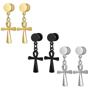 JewelryWe Oorbellen voor dames en heren - Barbell Egypte oude Ankh Kruis hangende oorbellen van roestvrij staal, uniseks, roestvrij staal, Roestvrij staal
