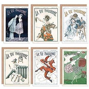 Artery8 La Vie Parisienne French Woman Carnival Jester Clown Greeting Cards met enveloppen, verpakking van 6 Franse dames, carnaval,