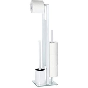WENKO Rivalta Toiletborstel en toiletpapier-dispenser van wit roestvrij staal en gehard glas, 23,5 x 18 x 70 cm. Diameter kop wc-borstel: 8,0 cm