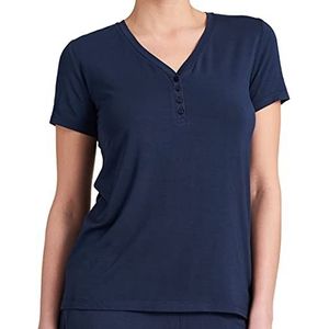 SCHIESSER Mix+Relax T-shirt - dames shirt korte mouw henley knoopsluiting blauw